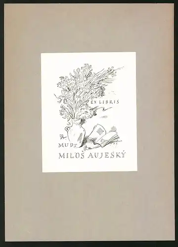 Exlibris Milos Aujeský, Blumenvase mit offenem Buch