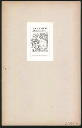 Exlibris Francisci Elsnic, Wappen mit Ritterhelm und Flügeln