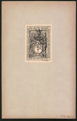 Exlibris Dr. Rud Adamy, Wappen mit Ritterhelm und Zirkel, Engel auf dem Wappen drauf