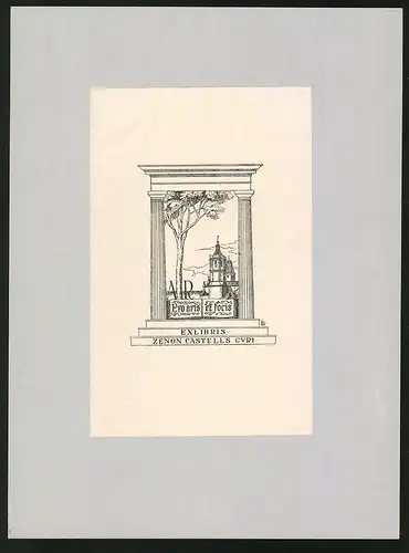 Exlibris A. R., Sicht durch einen Bogen auf das Schloss mit Säulen