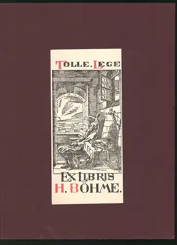 Exlibris H. Böhme, älterer Mann sitzt im Stuhl und schaut heraus