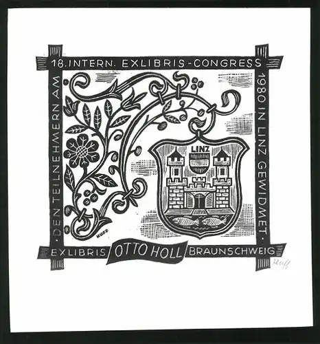 Exlibris Otto Holl, Braunschweig, Wappen mit Burg