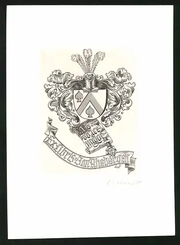 Exlibris von Schmidt für Jan Rhekergen, Wappen mit Ritterhelm und Piek