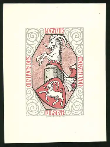 Exlibris von Alfred Teuffelfür Lochar Moscher von Filseck, Ziegenbock auf einem Ritterhelm, Wappen