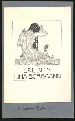 Exlibris von Köhler für Lina Borgmann, Berlin, nackte Frau verschrenkt die Arme vor dem Kopf