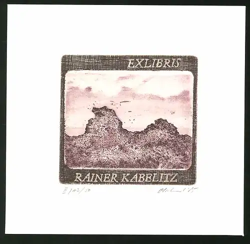 Exlibris Rainer Kabelitz, Landschaft mit Bergen und Meer