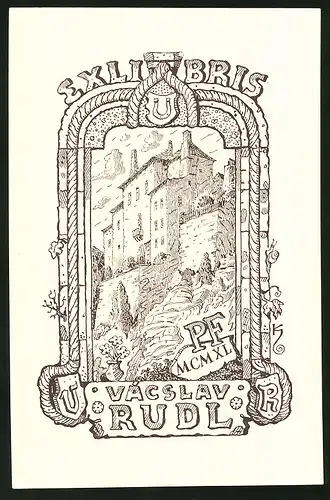 Exlibris von Jan Konüpel für Vacslav Rudl, Burg an einer Felsenwand