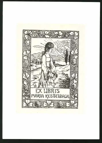 Exlibris von H. Herbert für Maria Kesselbach, Frau im Kleid mit Buch in der Hand