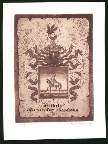 Exlibris von L. Feszt für Dr. Ungva`ry Julia`nna, Wappen mit Krone und Ritter auf seinem Pferd