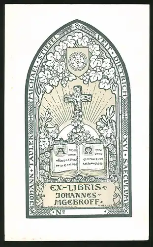 Exlibris von H. Nernst für Johannes Mgebroff, Kreuz mit heiligem Buch durch ein Bogenfenster