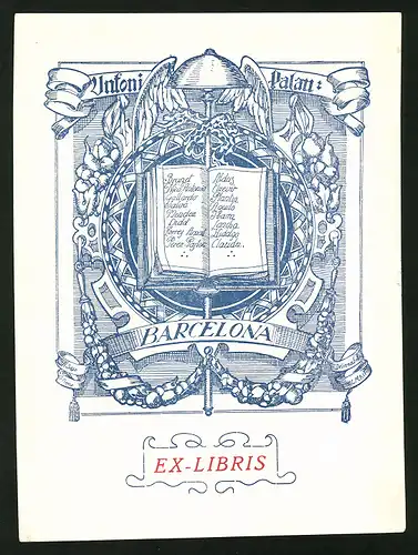 Exlibris von A. Saso für Unfoni Palan, Barcelona, Hermesstab mit Flügeln, beschriebenes Buch in der Mittte
