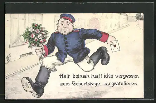 Künstler-AK Willi Scheuermann: Soldat in Uniform rennt mit einem Blumenstrauss und Brief zu seiner Geliebten