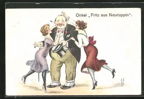 Künstler-AK Willi Scheuermann: Mann wird von zwei schönen Frauen umworben