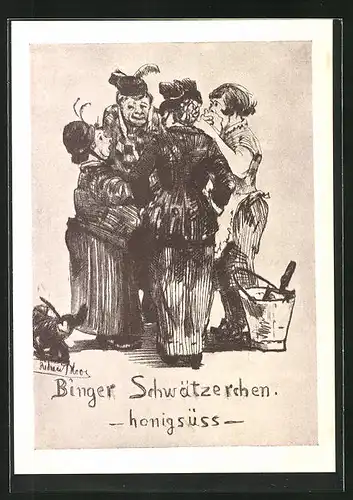 Künstler-AK sign. Richard Bloos: Bekannte Weine humoristisch dargestellt, Binger Schwätzerchen