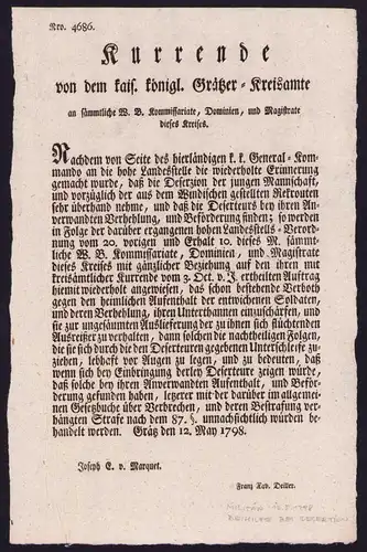 Kurrende, Graz, Beihilfe bei Desertion, von 1798 verfasst von Joseph E. Marquet