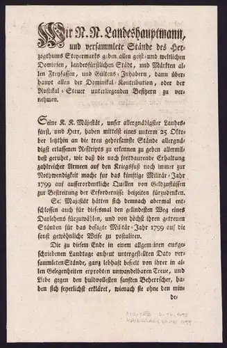 Kriegsanleihe, Graz, Kriegsanleihe 1799, von 1798, verfasst von Karl Graf v. Attems