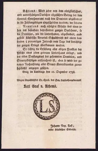 Kriegsanleihe, Graz, Kriegsanleihe 1799, von 1798, verfasst von Karl Graf v. Attems