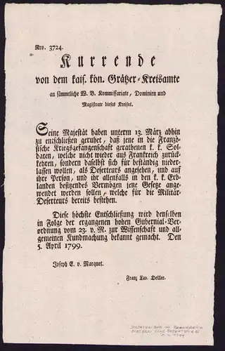 Kurrende, Graz, Kurrende v. d. kaiserl. kgl. Gratzer-Kreisamte von 1799, verfasst von Joseph E. v. Marquet