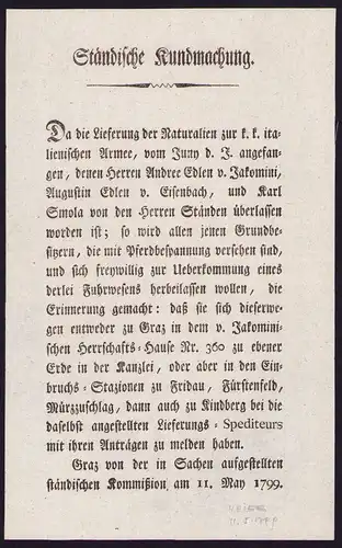 Kundmachung, Graz, Ständische Kundmachung bezüglich Lieferung der Naturalien zur italienischen Armee von 1799