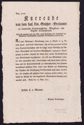 Kurrende, Graz, Kurrende von dem kaiserl. kgl. Gratzer-Kreisamte bezüglich Abgaben von 1803