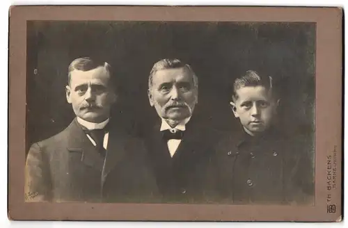 Fotografie Th. Backens, Marne /Holstein, Grossvater mit Enkel und Sohn im Portrait
