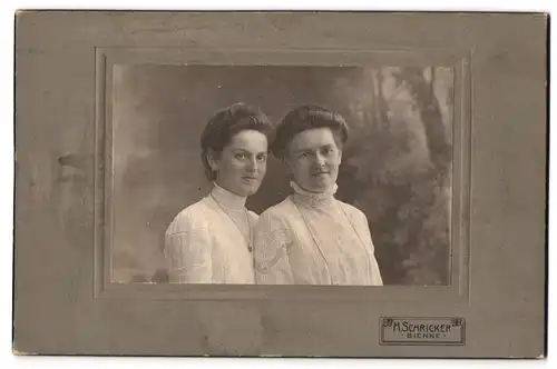 Fotografie H. Schricker, Bienne, zwei Schwestern in hochschliessenden Blusen