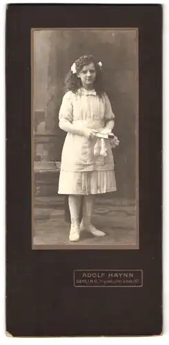 Fotografie Adolf Haynn, Berlin-Lichtenberg, Frankfurter Allee 197, Portrait junge Dame im weissen Kleid mit einem Buch