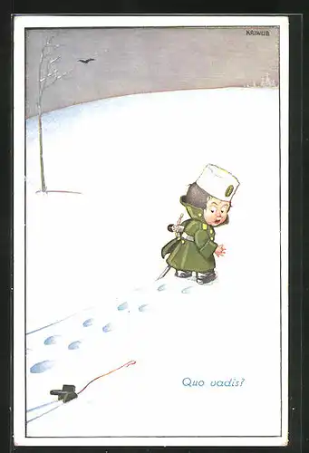 Künstler-AK Kriwub: Quo vadis, Kleiner Soldat läuft durch den Schnee