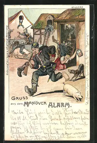 Künstler-AK Bruno Bürger & Ottillie Nr. 6295: Gruss aus dem Manöver, Alarm, Soldaten auf einem Bauernhof