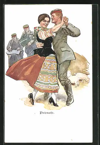 Künstler-AK Ernst Heilemann: Soldat tanzt mit Frau Polonaise
