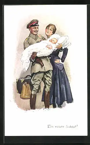Künstler-AK Ernst Heilemann: Soldat mit Baby auf dem Arm und Frau