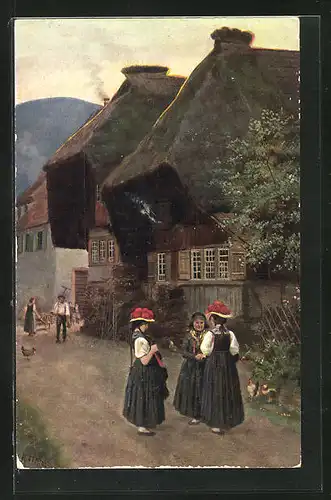 Künstler-AK Heinrich Hoffmann: Dorfstrasse mit Frauen in Schwarzwälder Tracht