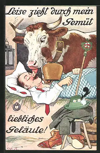 Künstler-AK P. O. Engelhard (P.O.E.): Leise zieht durch mein Gemüt - liebliches Geläute, Kuh leckt schlafenden Bauern ab