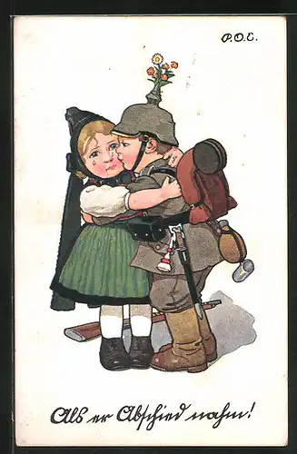 Künstler-AK P. O. Engelhard (P.O.E.): Als er Abschied nahm! Soldat verabschiedet sich vom weinenden Mädchen