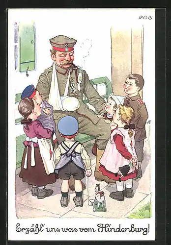 Künstler-AK P. O. Engelhard (P.O.E.): Erzähl'uns was vom Hindenburg! Kinder versammeln sich um einen Soldaten
