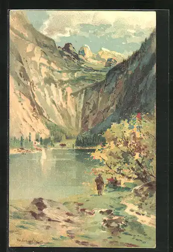 Künstler-AK Karl Heinisch: Landschaftsidyll mit See im Gebirge