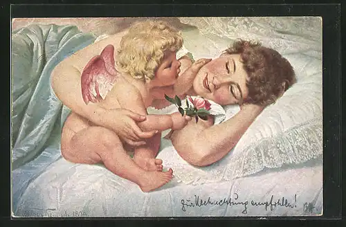 Künstler-AK sign. E. Klimsch: Amors Morgenbesuch, Amor kuschelt mit einem Fräulein im Bett