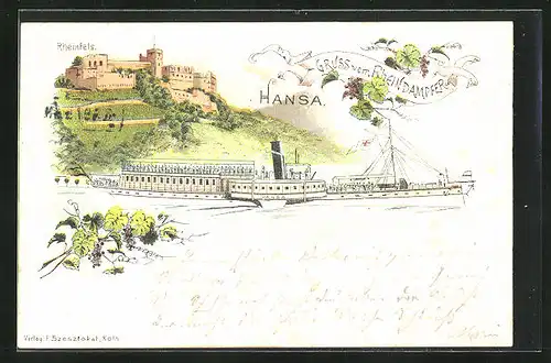 Lithographie Rheindampfer Hansa mit Blick auf Burg Rheinfels