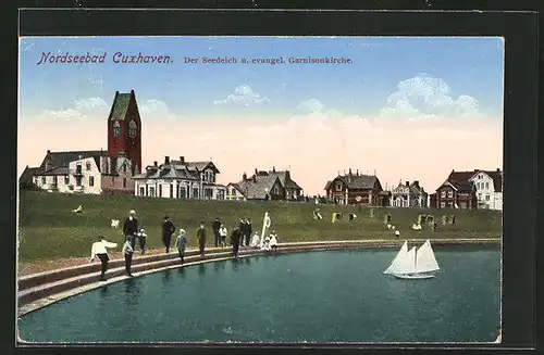 AK Cuxhaven, Der Seedeich u. evangel. Garnisonkirche
