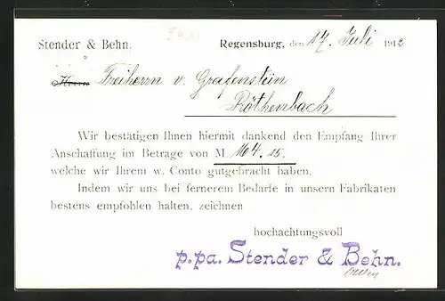 AK Regensburg, Kaufbestätigungskarte der Firma Stender & Behn