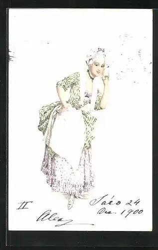 Lithographie Dame im grün-violetten Gewand, Jugendstil