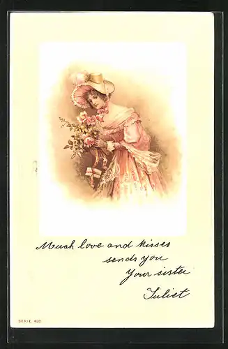 Künstler-AK Dame mit Rosenstrauss, Jugendstil