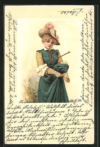 Lithographie Dame mit Hut und Handschuhen, Jugendstil