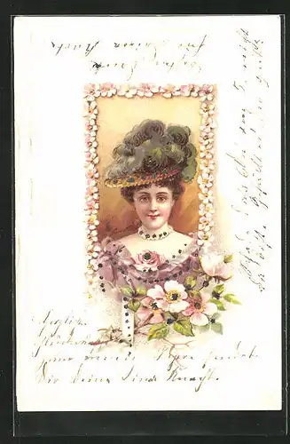 Lithographie Frau mit Hut, Jugendstil