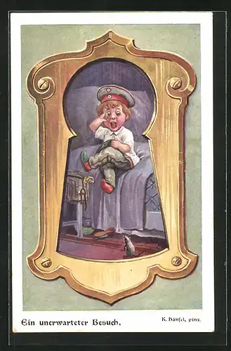 Künstler-AK sign. K. Hänsel: Ein unerwarteter Besuch einer Maus