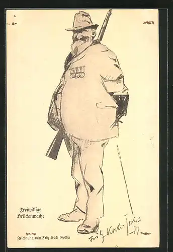 Künstler-AK sign. Fritz Koch Gotha: Freiwillige Brückenwache