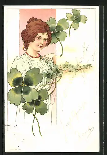Lithographie Dame umgeben von Kleeblättern, Jugendstil