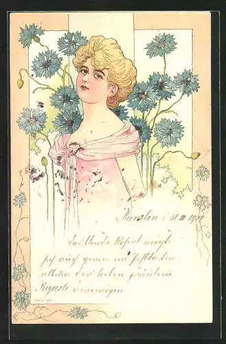 Lithographie Blondine umgeben von blauen Blumen, Jugendstil