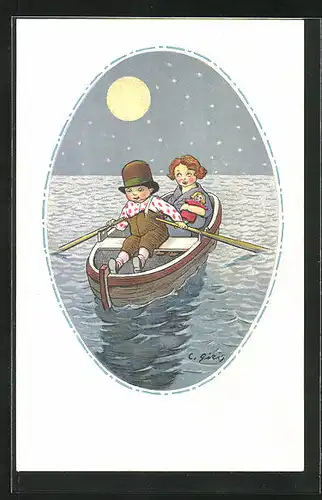 Künstler-AK sign. C. Giris: Fahrt mit Ruderboot bei Vollmond