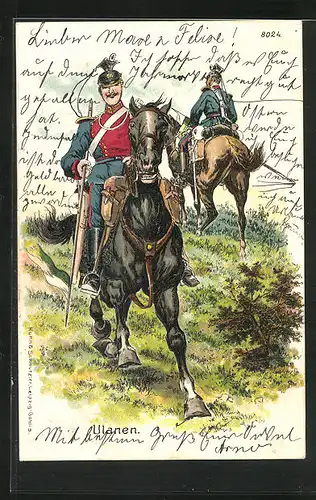 Lithographie Ulanen zu Pferde mit voller Ausrüstung, Kavallerie